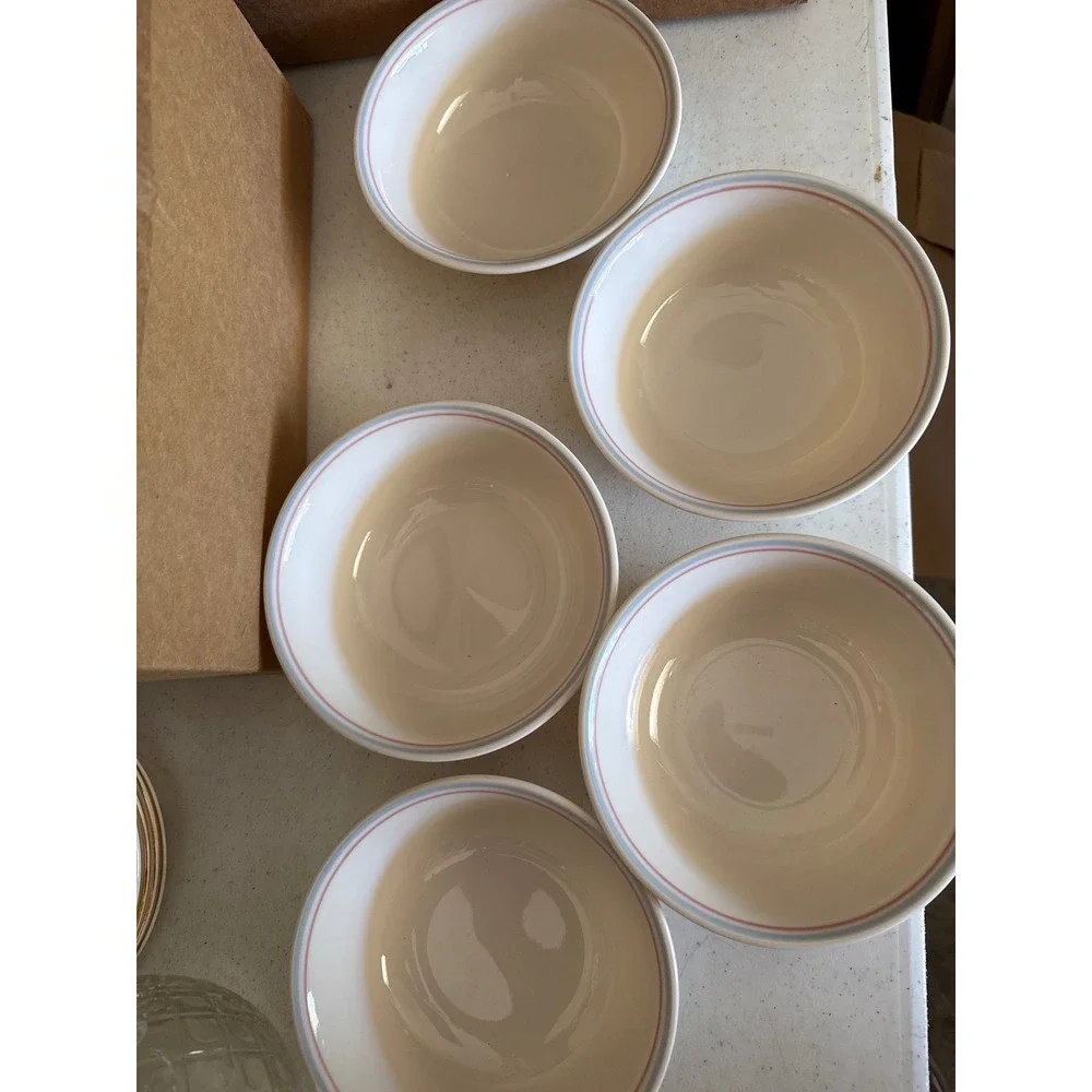 Corelle Rosemarie Cereal Bowls Set of 5 Pink Blue Band Corning Vitrelle 6.25 in‎